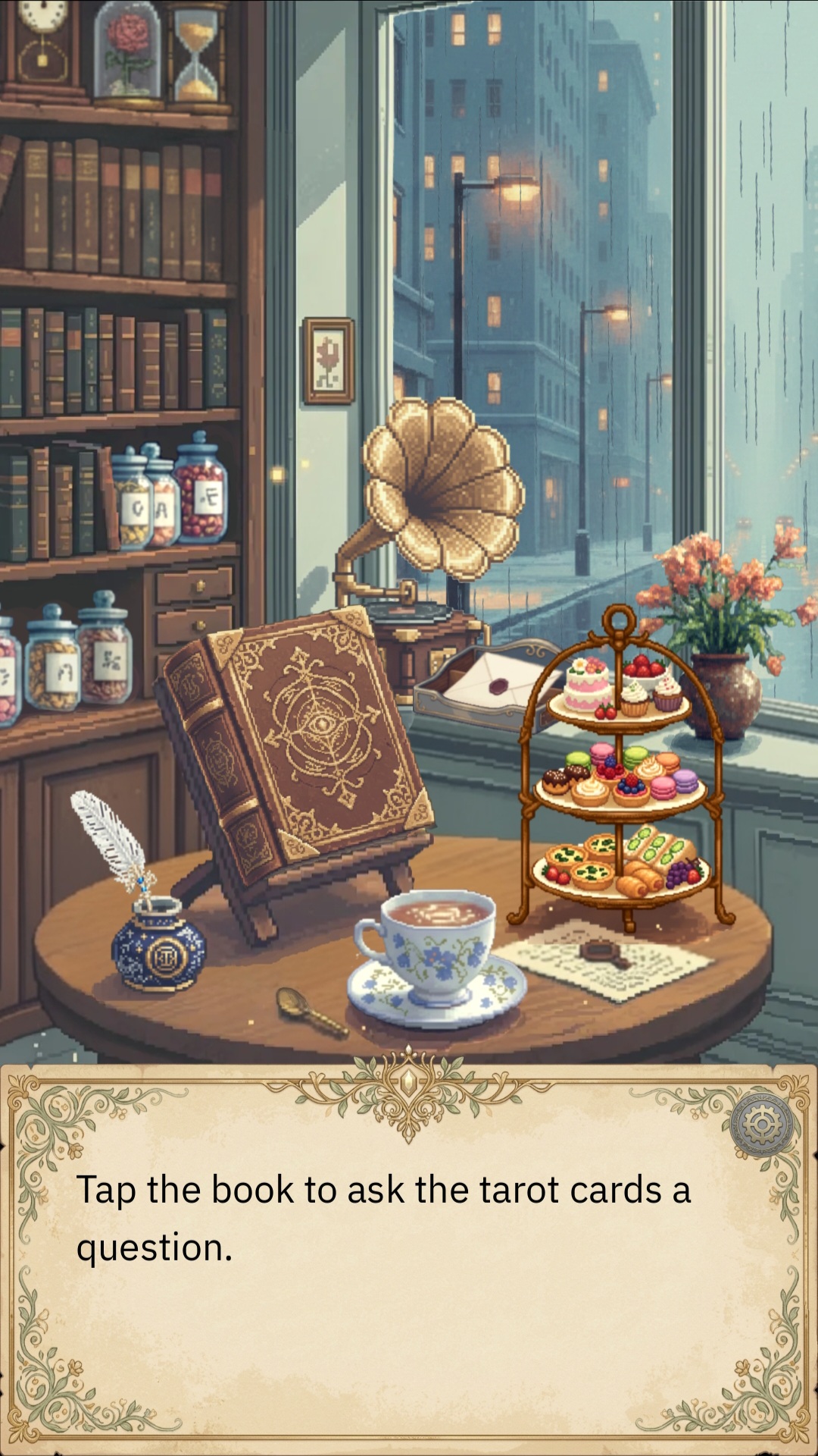 Main scene showing the world view of Cafe Arcana Tarot