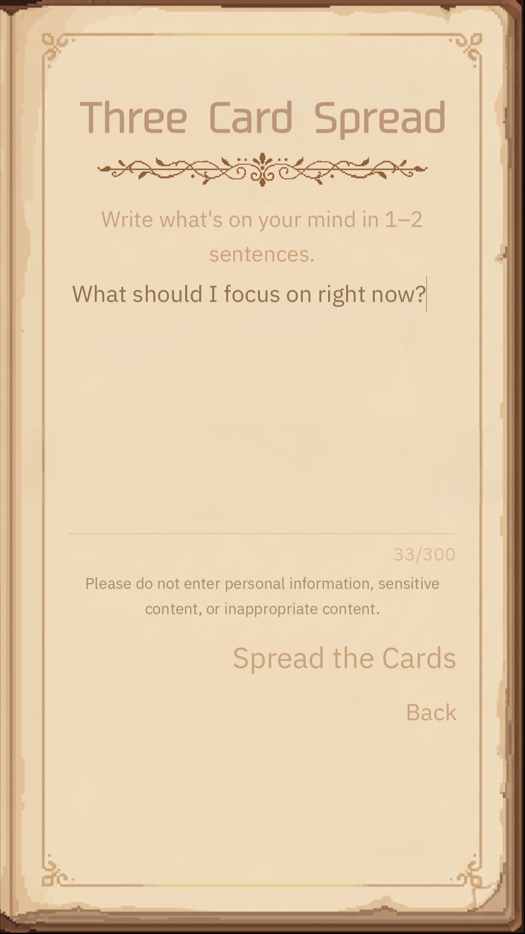 Question input screen of Cafe Arcana Tarot
